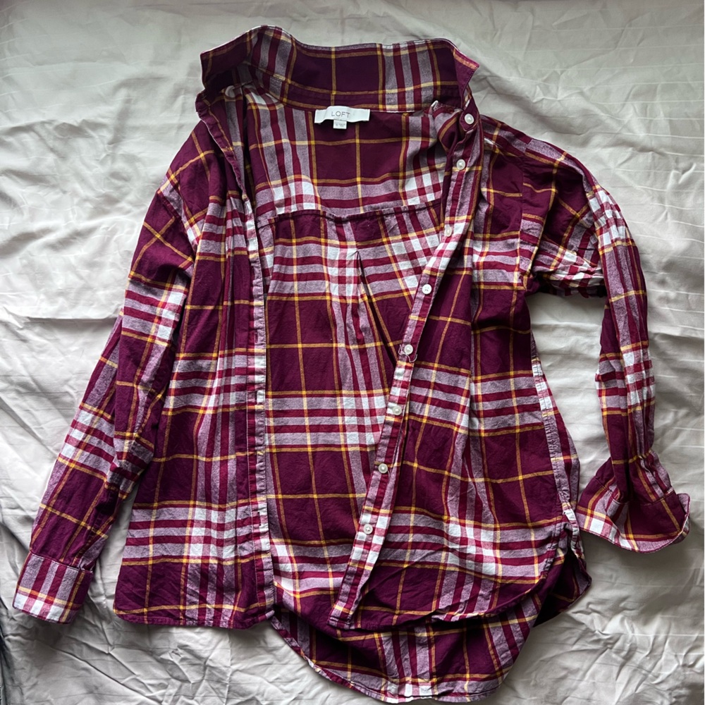 LOFT Burgundy Plaid Button-Down Flannel Shirt